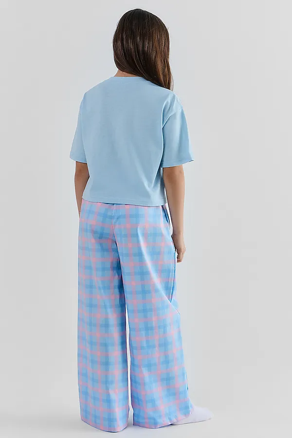 Комплект для девочек (футболка, брюки) MARK FORMELLE, голубой +розово -голубая клетка - фото 2