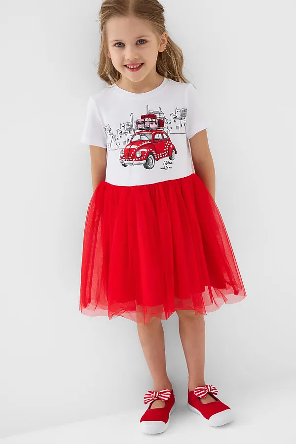 Платье трикотажное для девочек PLAYTODAY, белый,красный - фото 2