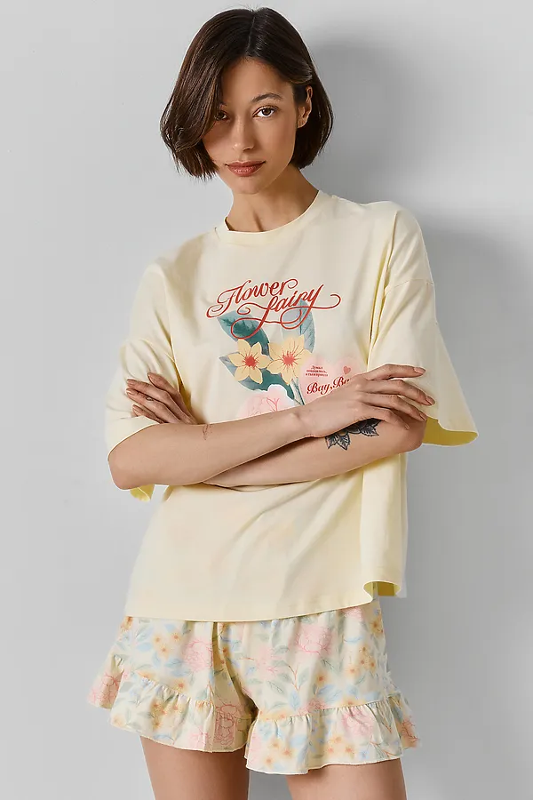 Комплект женский (джемпер, шорты) MARK FORMELLE, разбеленный желтый +цветы на желтом - фото 2
