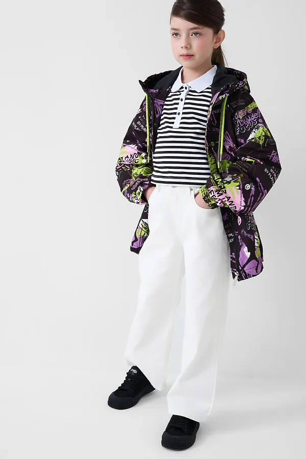 Брюки текстильные джинсовые для девочек PLAYTODAY, белый - фото 2