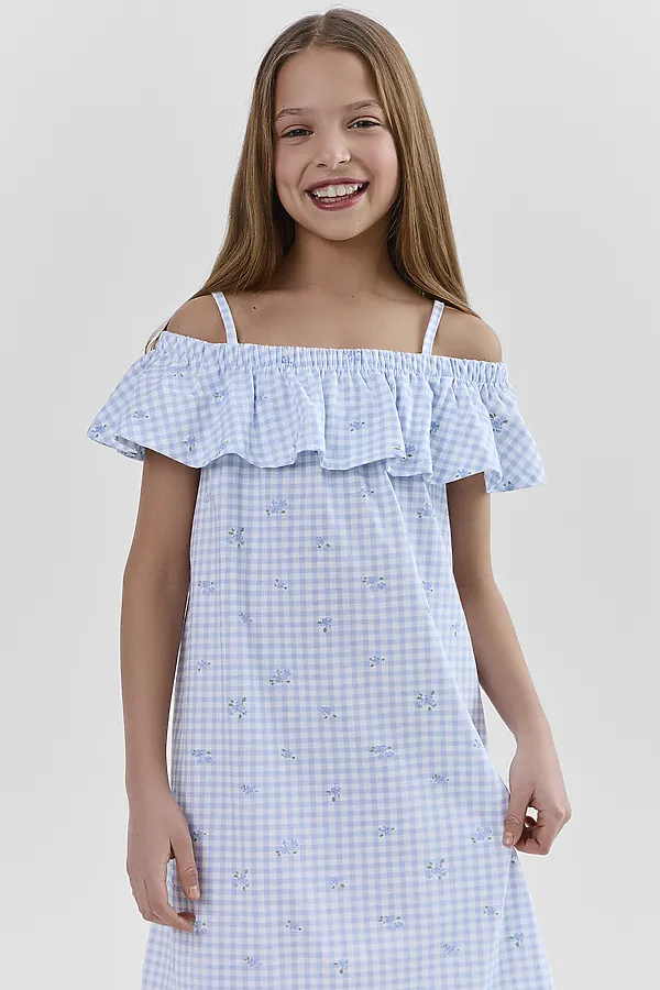 Сарафан для девочек MARK FORMELLE, цветы на голубой клетке - фото 2