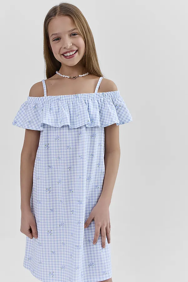 Сарафан для девочек MARK FORMELLE, цветы на голубой клетке - фото 2