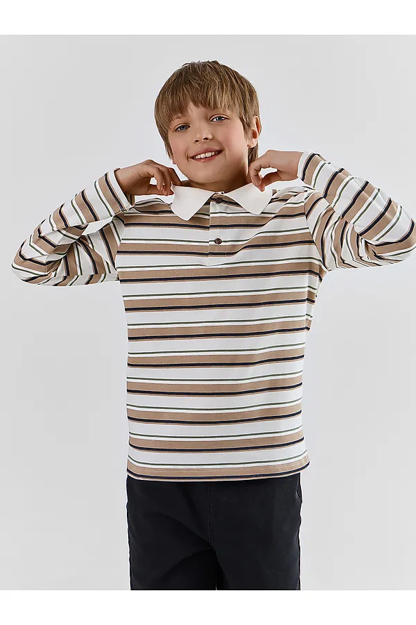 Поло для мальчиков MARK FORMELLE, бежевая полоска на св.молочном - фото 2