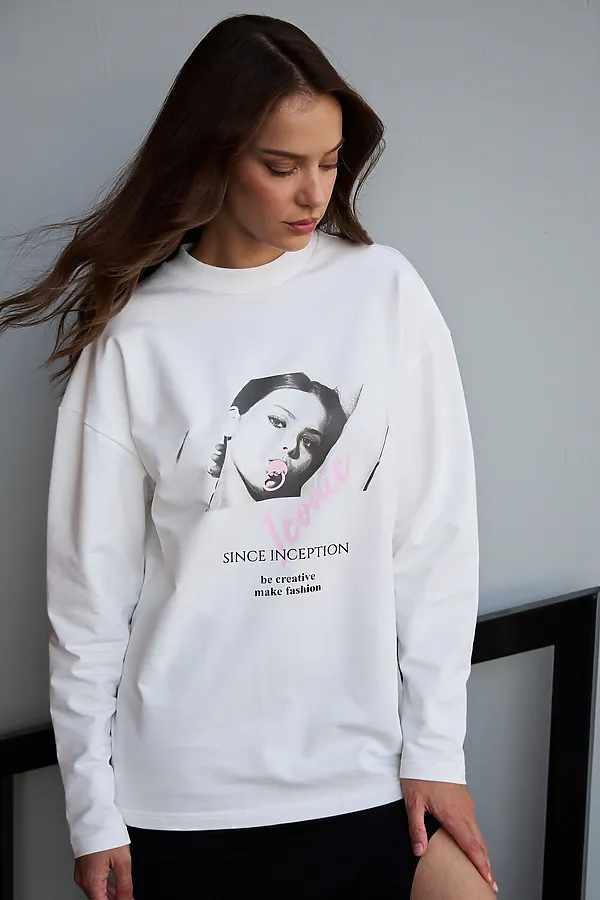 Лонгслив оверсайз с принтом НАТАЛИ, молочный - фото 2
