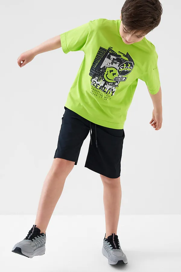 Комплект трикотажный для мальчиков: фуфайка (футболка), шорты PLAYTODAY, черный,светло-зеленый - фото 2
