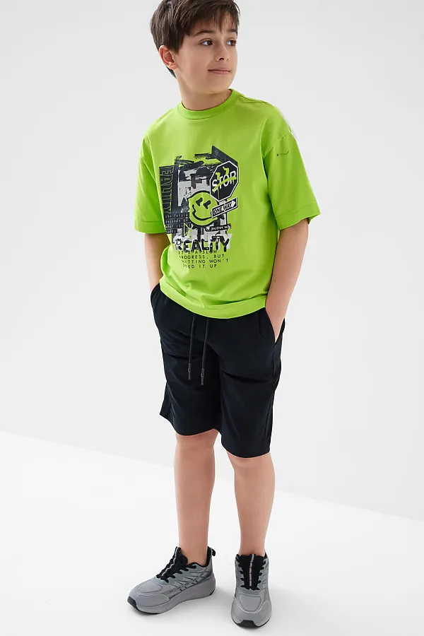 Комплект трикотажный для мальчиков: фуфайка (футболка), шорты PLAYTODAY, черный,светло-зеленый - фото 2