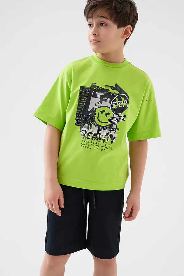 Комплект трикотажный для мальчиков: фуфайка (футболка), шорты PLAYTODAY, черный,светло-зеленый - фото 2