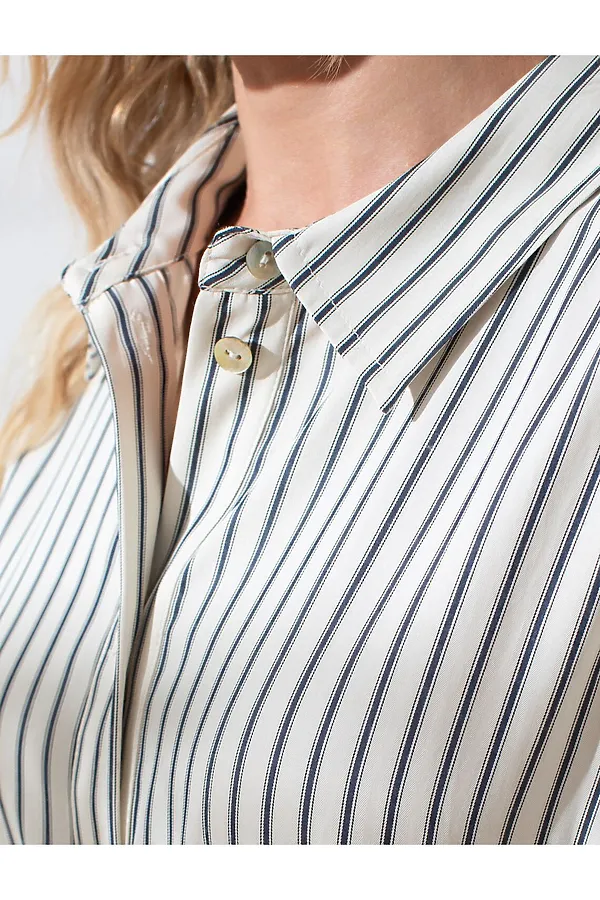 Платье в полоску А-силуэта с поясом из легкого хлопкового поплина VILATTE, молочный-синий - фото 2