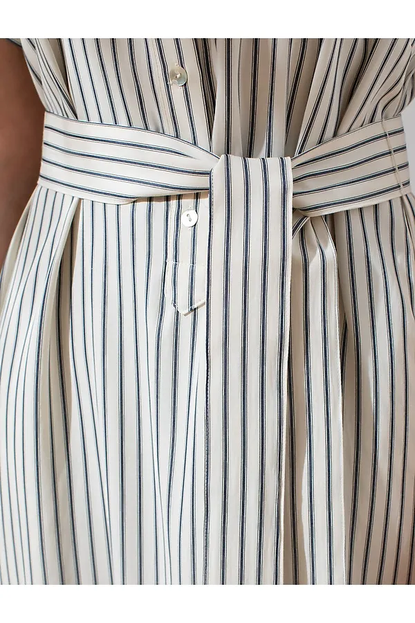 Платье в полоску А-силуэта с поясом из легкого хлопкового поплина VILATTE, молочный-синий - фото 2