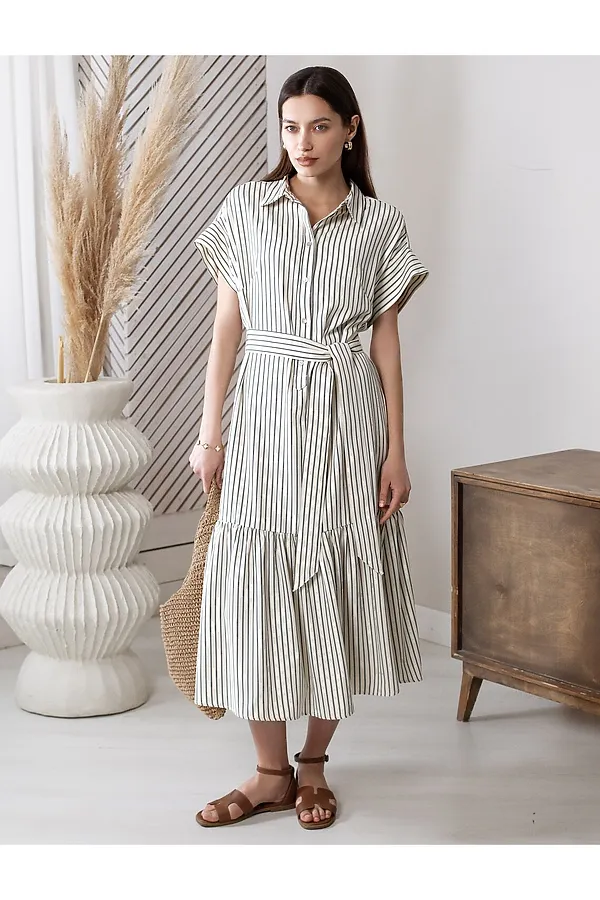 Платье в полоску А-силуэта с поясом из легкого хлопкового поплина VILATTE, молочный-синий - фото 2