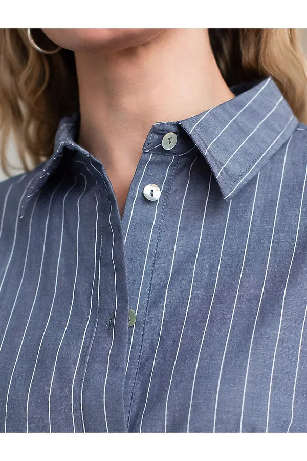 Платье в полоску А-силуэта с поясом из легкого хлопкового поплина VILATTE, серо-синий - фото 2