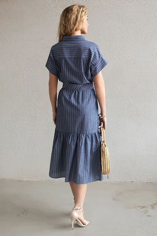 Платье в полоску А-силуэта с поясом из легкого хлопкового поплина VILATTE, серо-синий - фото 2