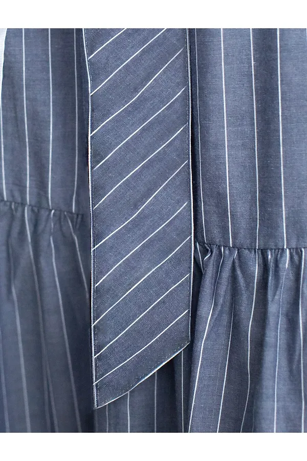 Платье в полоску А-силуэта с поясом из легкого хлопкового поплина VILATTE, серо-синий - фото 2