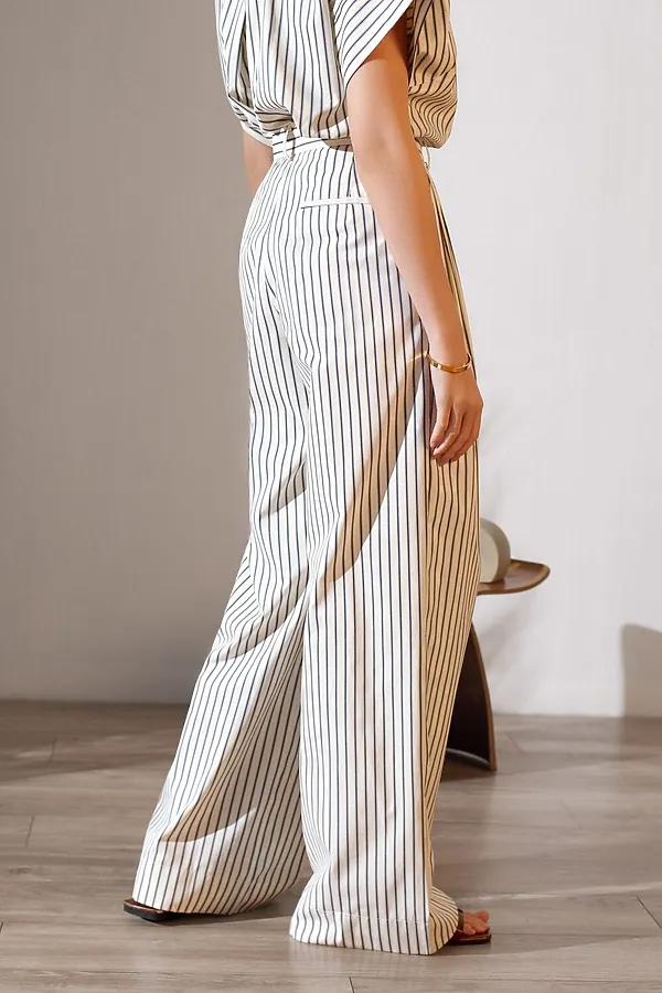Брюки палаццо в полоску из легкого хлопкового поплина VILATTE, молочный-синий - фото 2