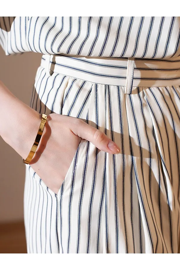 Брюки палаццо в полоску из легкого хлопкового поплина VILATTE, молочный-синий - фото 2