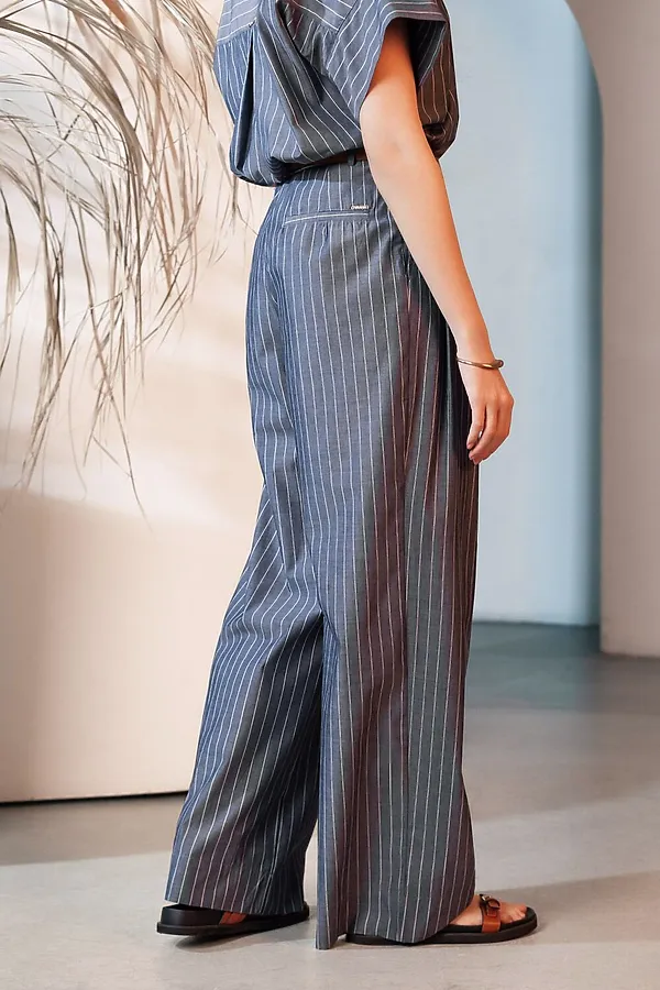 Брюки палаццо в полоску из легкого хлопкового поплина VILATTE, серо-синий - фото 2