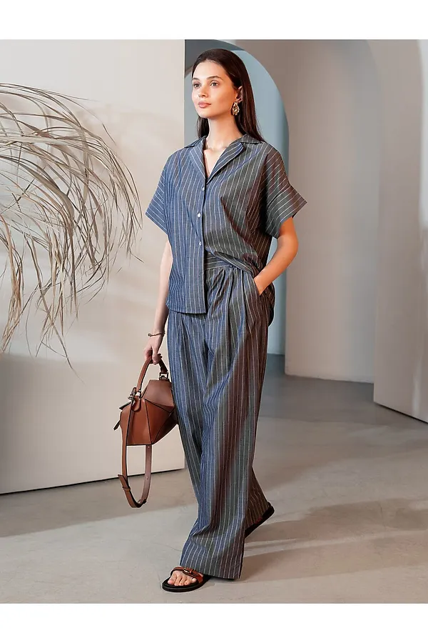 Брюки палаццо в полоску из легкого хлопкового поплина VILATTE, серо-синий - фото 2