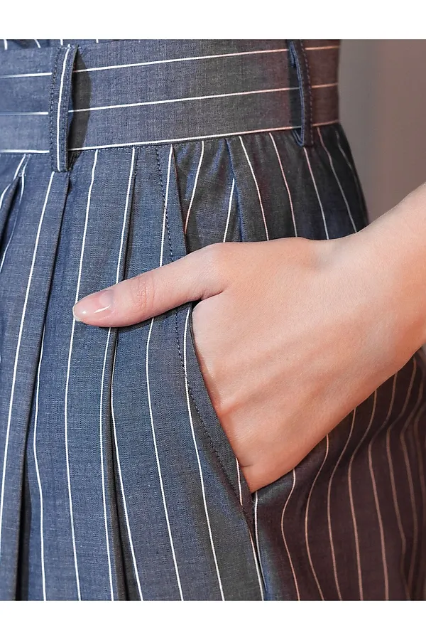 Брюки палаццо в полоску из легкого хлопкового поплина VILATTE, серо-синий - фото 2