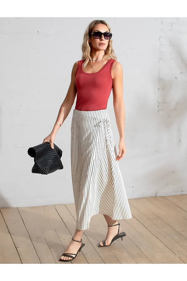 Юбка миди на запАх в полоску из легкого хлопкового поплина VILATTE, молочный-синий - фото 2