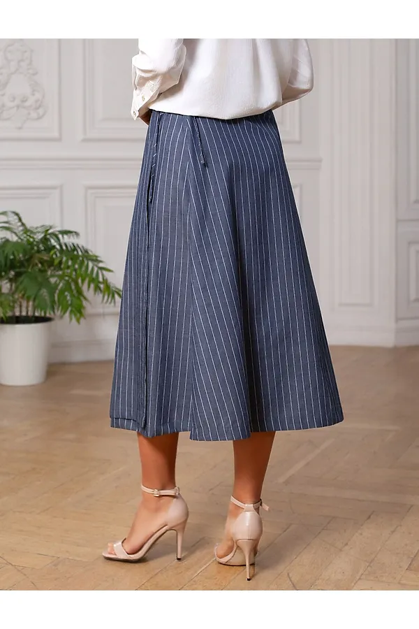 Юбка миди на запАх в полоску из легкого хлопкового поплина VILATTE, серо-синий - фото 2