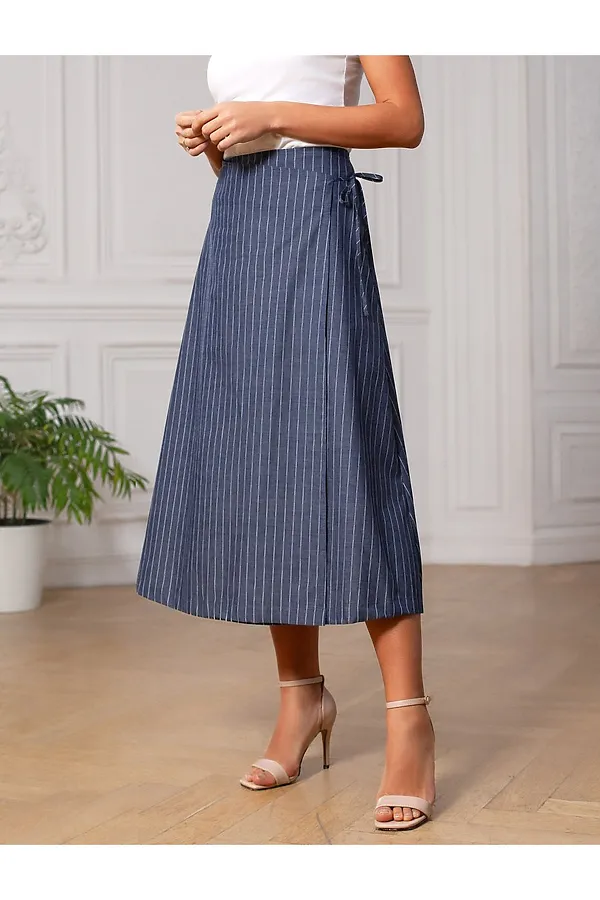 Юбка миди на запАх в полоску из легкого хлопкового поплина VILATTE, серо-синий - фото 2