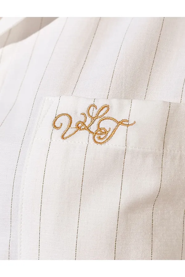 Блузка в полоску свободного силуэта с карманом из хлопка с добавлением льна VILATTE, молочный-бежевый - фото 2