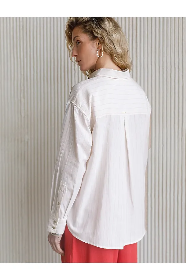Блузка в полоску свободного силуэта с карманом из хлопка с добавлением льна VILATTE, молочный-бежевый - фото 2