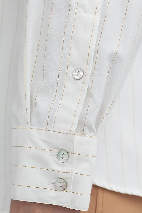 Блузка в полоску свободного силуэта с карманом из хлопка с добавлением льна VILATTE, молочный-бежевый - фото 2