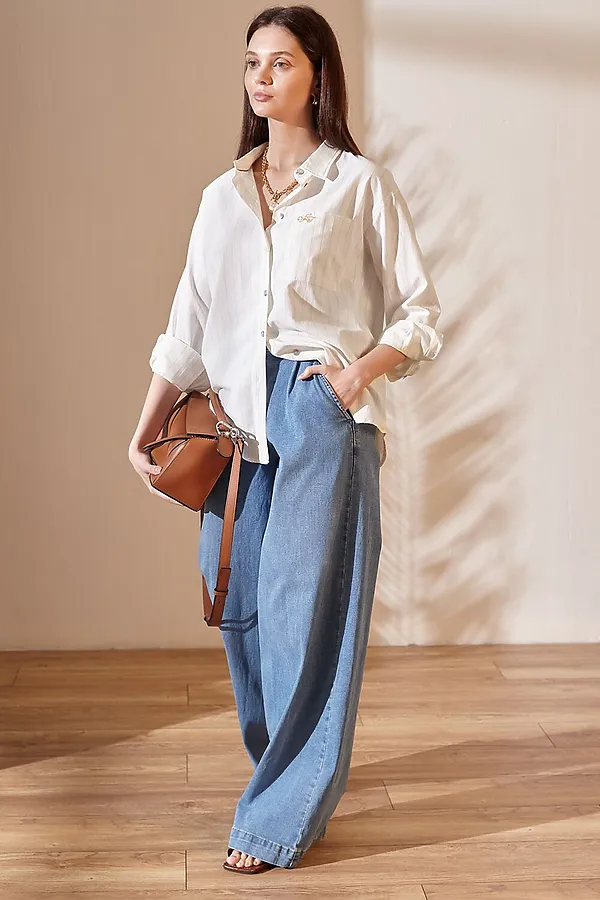 Блузка в полоску свободного силуэта с карманом из хлопка с добавлением льна VILATTE, молочный-бежевый - фото 2