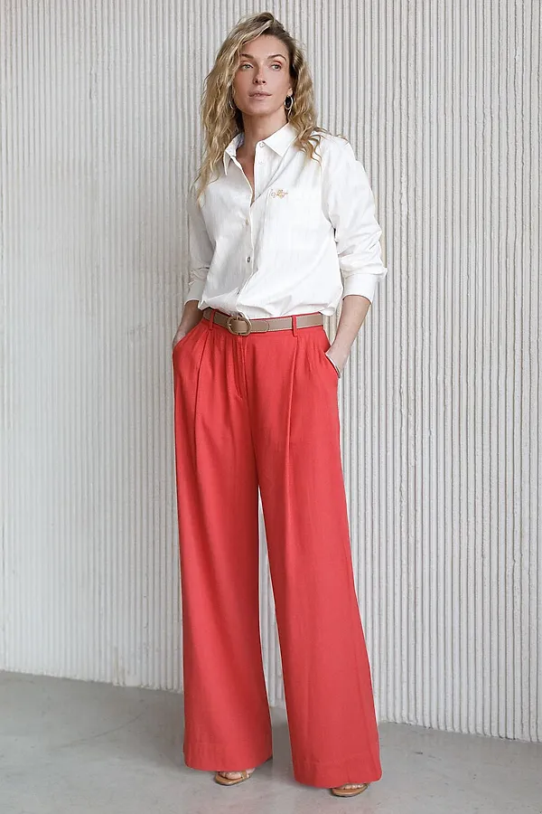 Блузка в полоску свободного силуэта с карманом из хлопка с добавлением льна VILATTE, молочный-бежевый - фото 2