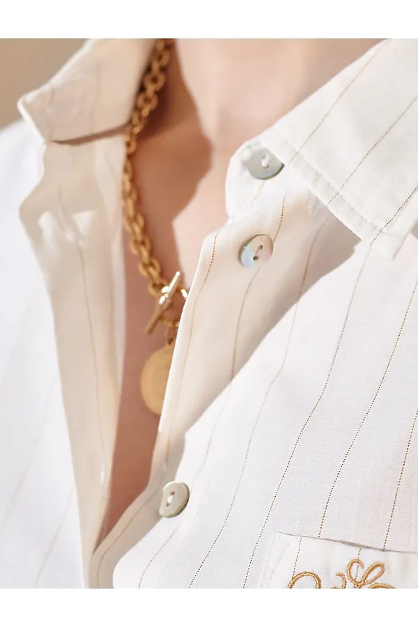 Блузка в полоску свободного силуэта с карманом из хлопка с добавлением льна VILATTE, молочный-бежевый - фото 2