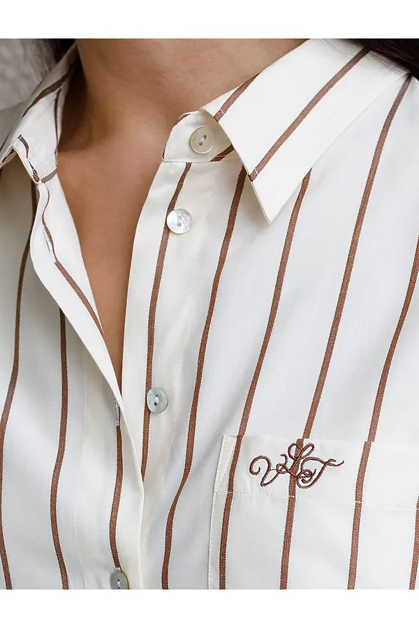Блузка в полоску свободного силуэта с карманом из эластичного хлопка VILATTE, светло_бежевый-кофейный - фото 2