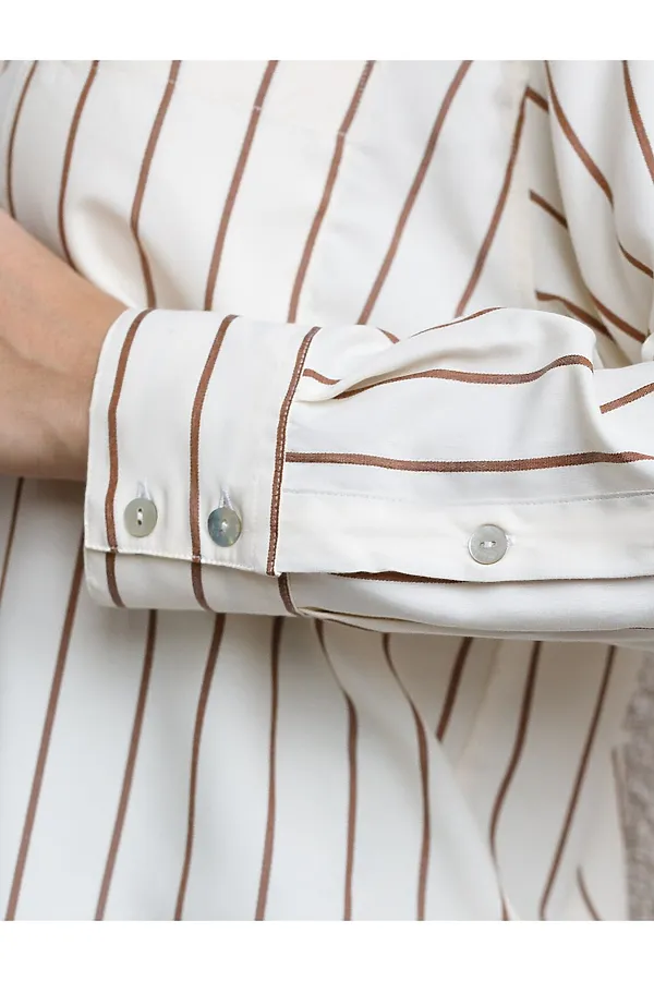 Блузка в полоску свободного силуэта с карманом из эластичного хлопка VILATTE, светло_бежевый-кофейный - фото 2