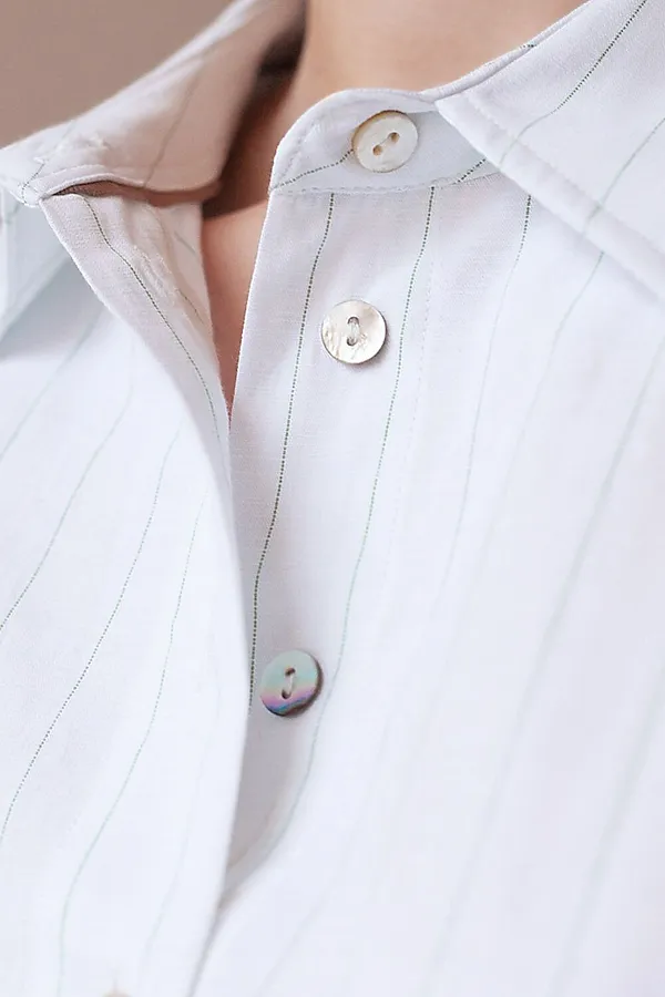 Блузка свободного силуэта в тонкую полоску из эластичного хлопка с добавлением льна VILATTE, белый-светло-оливковый - фото 2