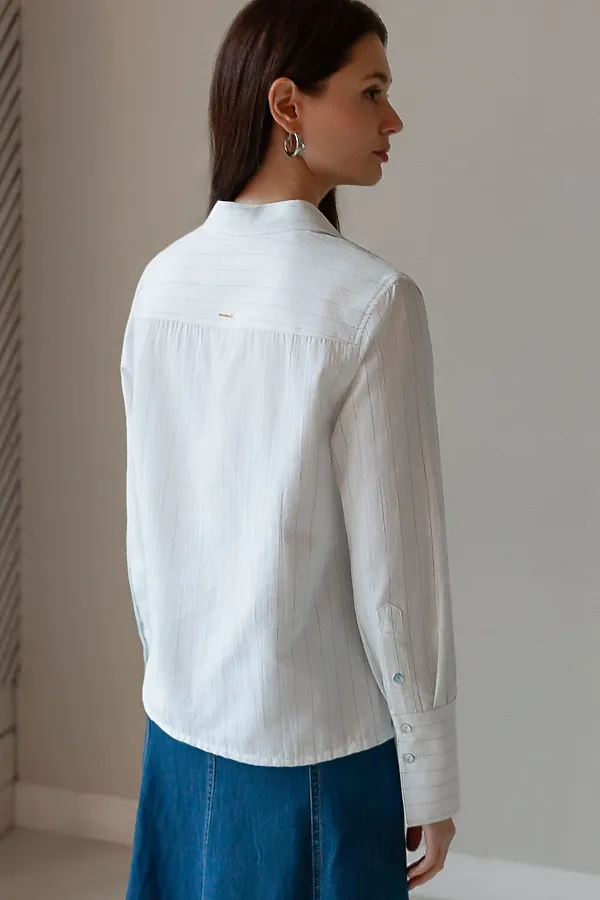 Блузка свободного силуэта в тонкую полоску из эластичного хлопка с добавлением льна VILATTE, белый-светло-оливковый - фото 2