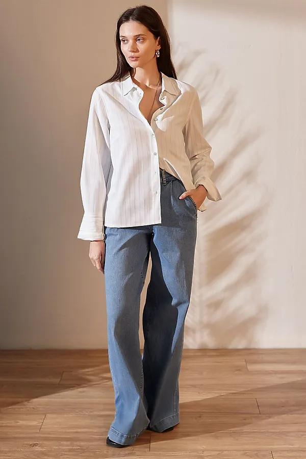 Блузка свободного силуэта в тонкую полоску из эластичного хлопка с добавлением льна VILATTE, белый-светло-оливковый - фото 2