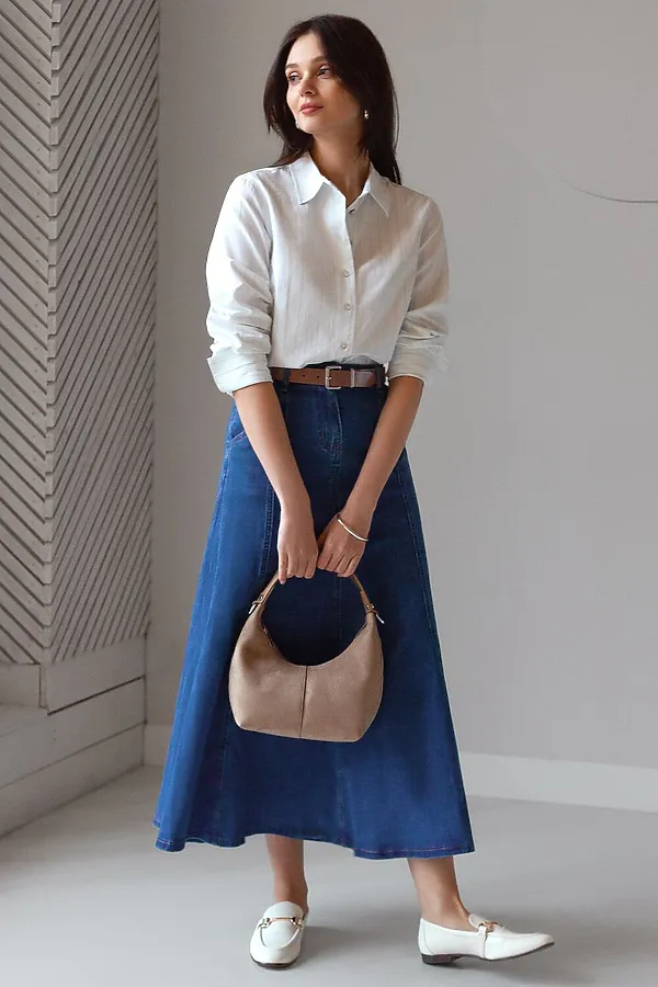 Блузка свободного силуэта в тонкую полоску из эластичного хлопка с добавлением льна VILATTE, белый-светло-оливковый - фото 2