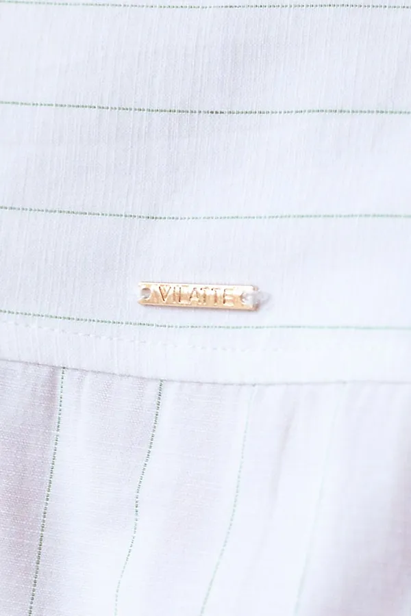 Блузка свободного силуэта в тонкую полоску из эластичного хлопка с добавлением льна VILATTE, белый-светло-оливковый - фото 2