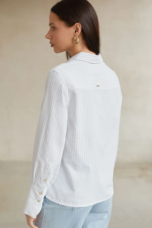 Блузка свободного силуэта в тонкую полоску из эластичного хлопка с добавлением льна VILATTE, белый-синий - фото 2
