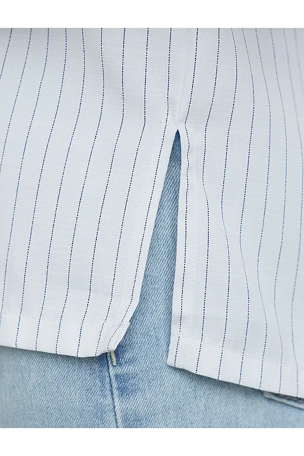 Блузка свободного силуэта в тонкую полоску из эластичного хлопка с добавлением льна VILATTE, белый-синий - фото 2