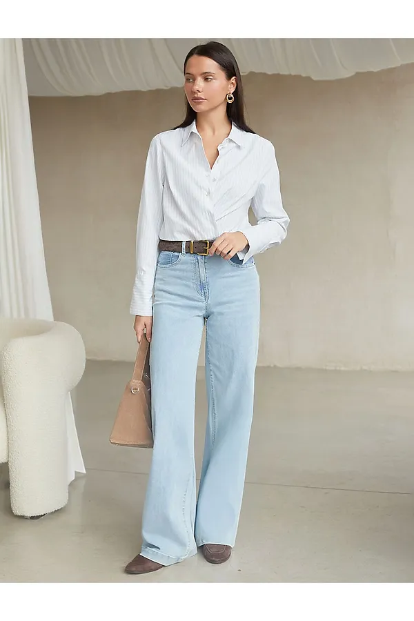 Блузка свободного силуэта в тонкую полоску из эластичного хлопка с добавлением льна VILATTE, белый-синий - фото 2