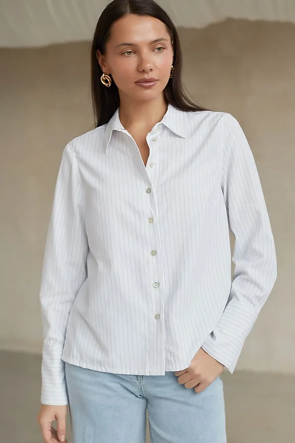 Блузка свободного силуэта в тонкую полоску из эластичного хлопка с добавлением льна VILATTE, белый-синий - фото 2