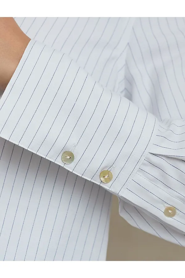 Блузка свободного силуэта в тонкую полоску из эластичного хлопка с добавлением льна VILATTE, белый-синий - фото 2