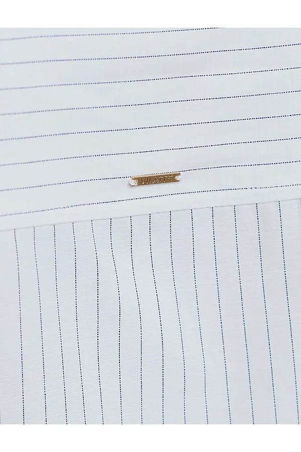 Блузка свободного силуэта в тонкую полоску из эластичного хлопка с добавлением льна VILATTE, белый-синий - фото 2