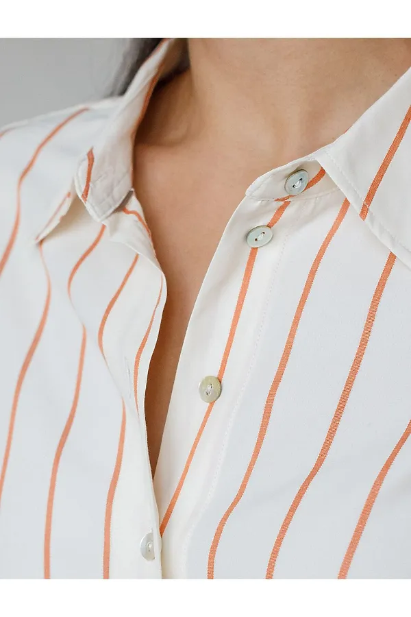 Блузка свободного силуэта в тонкую полоску из эластичного хлопка VILATTE, молочно-коралловый - фото 2