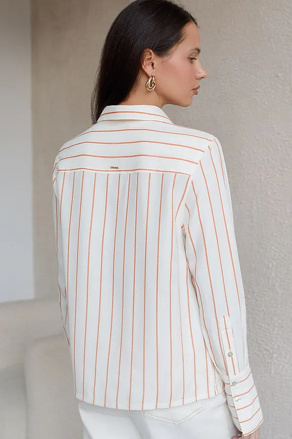 Блузка свободного силуэта в тонкую полоску из эластичного хлопка VILATTE, молочно-коралловый - фото 2