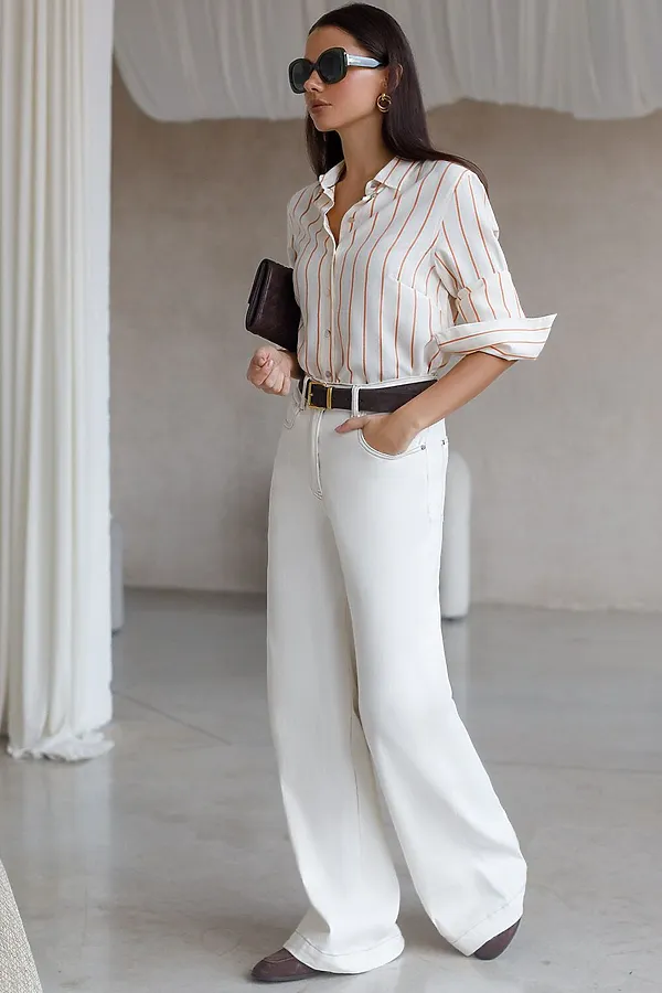 Блузка свободного силуэта в тонкую полоску из эластичного хлопка VILATTE, молочно-коралловый - фото 2