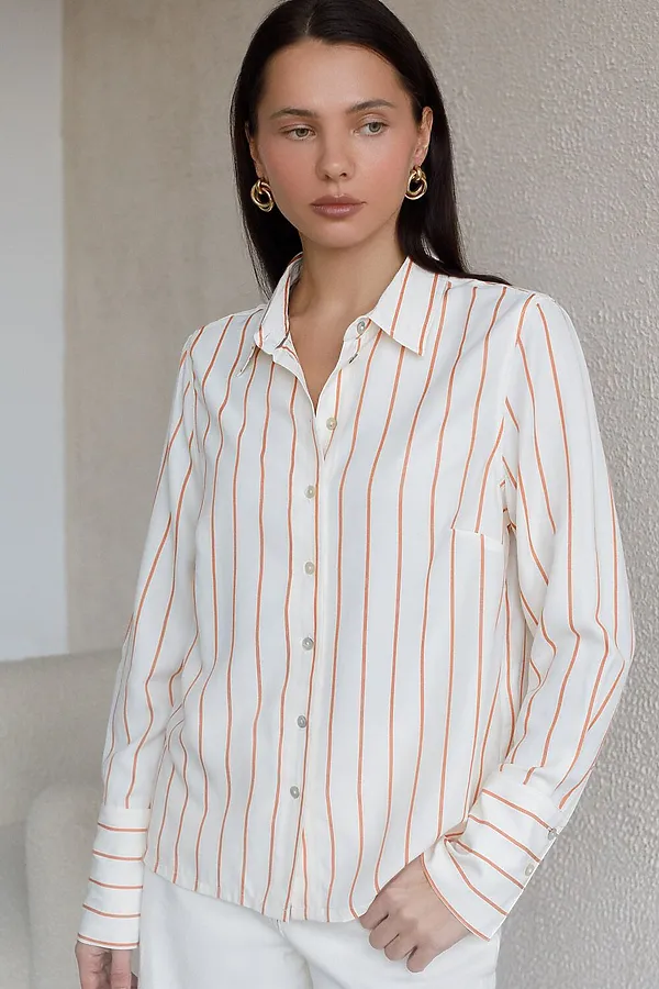 Блузка свободного силуэта в тонкую полоску из эластичного хлопка VILATTE, молочно-коралловый - фото 2