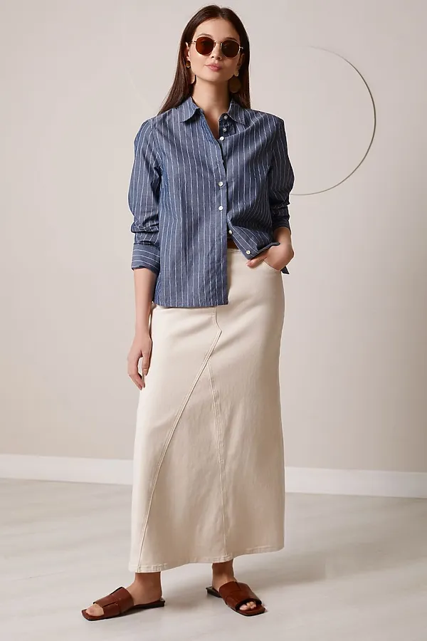 Блузка свободного силуэта в полоску из 100 % хлопка VILATTE, серо-синий - фото 2