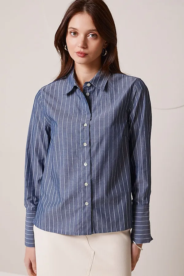 Блузка свободного силуэта в полоску из 100 % хлопка VILATTE, серо-синий - фото 2